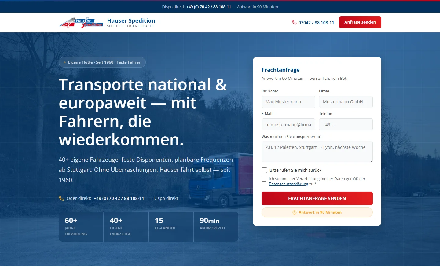 Hauser Spedition — Screenshot der Seite