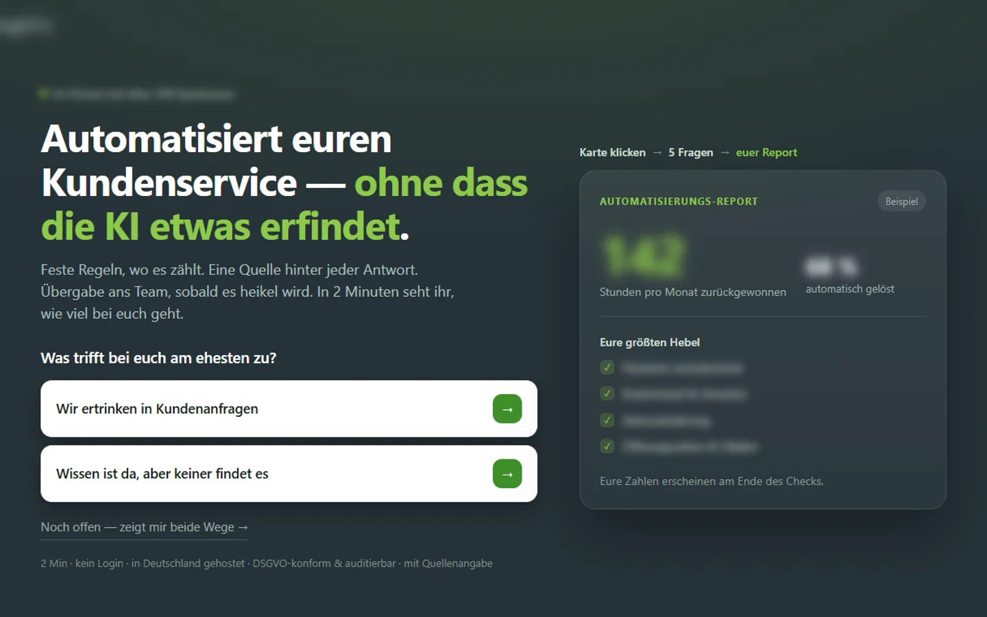 Kundenservice-Check — anonymisierter Quiz-Funnel mit Report